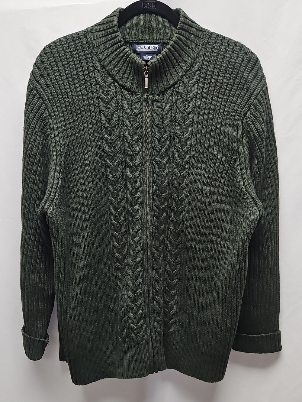Lands' End Womens 2X Green 100% Cotton Cable Knit Full Zip Cardigan Sweater